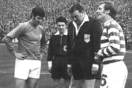 Referee Tom 'Tiny' Wharton with Rangers captain John Greig and Celtic captain Billy McNeill before the Scottish Cup Final at Hampden in 1971 which ended 1-1. Celtic won the replay 2-1