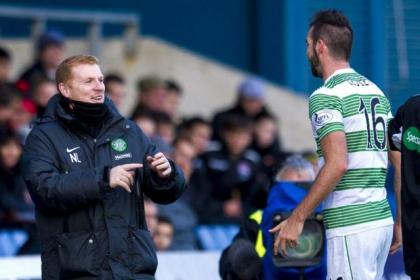 Neil Lennon grins at goal hero Joe Ledley after his brace for Celtic against Ross County